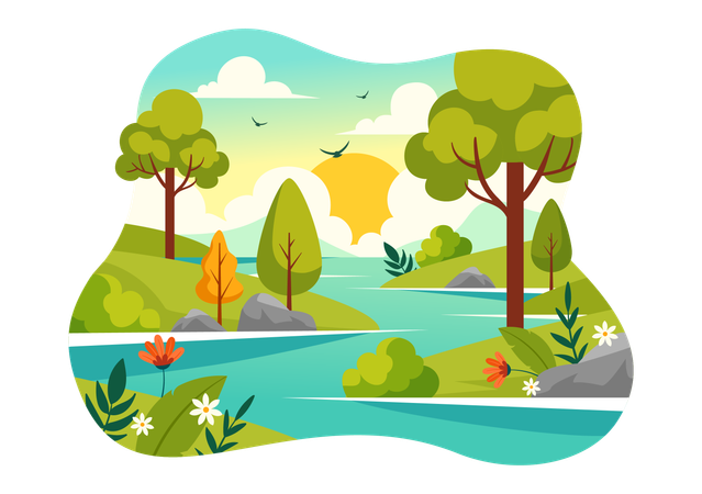 Flusslandschaft mit Sonne  Illustration