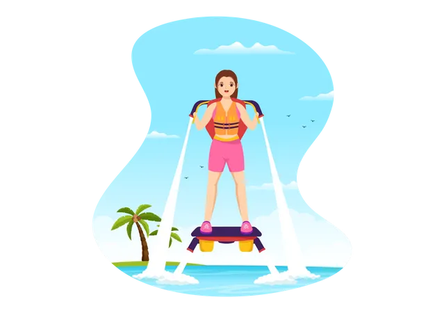 Flyboard Illustration With People Riding Jet Pack In Summer Beach Vacations In Flat Extreme Water Sport Activity Cartoon Hand Drawn Templates Illustration