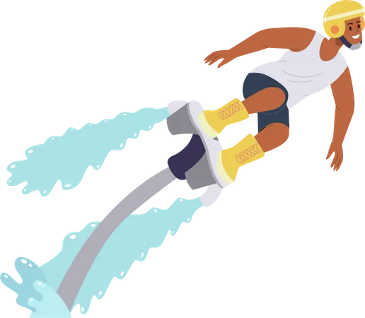 Flyboarding Man Cartoon Character Enjoying Extreme Water Sports And Beach Recreation Activities Isolated On White Excited Sportsman Wearing Protective Helmet Flying On Flyboard Vector Illustration Illustration