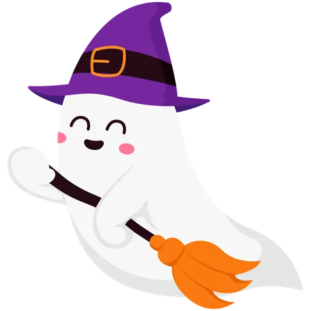 Flying Broomstick Ghost Witch  Illustration