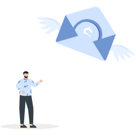 Flying Envelope with Dollar Sign and Man Presenting Financial mail  Illustration
