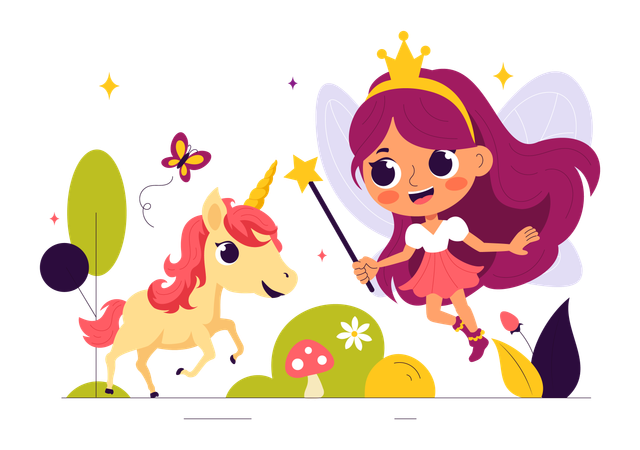 Flying Fairy girl with unicorn  Illustration