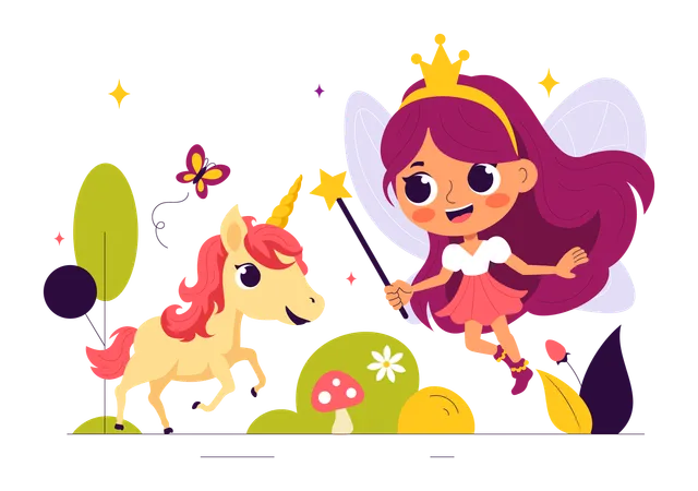 Flying Fairy girl with unicorn  Illustration