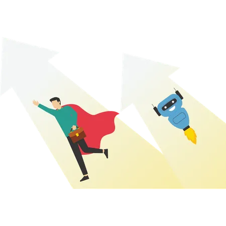 Super Businessman And AI Team Flying In Blue Sky Man Leading Robots In Flowing Capes And Suits Brave Strong Professionals Group Together Moving Up Successful Startup Teamwork Process Illustration