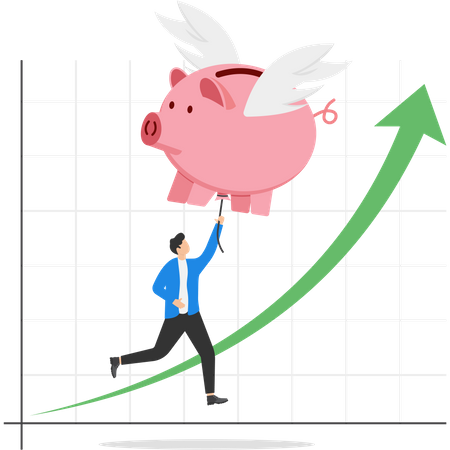 Flying pink piggy bank floats higher  Illustration