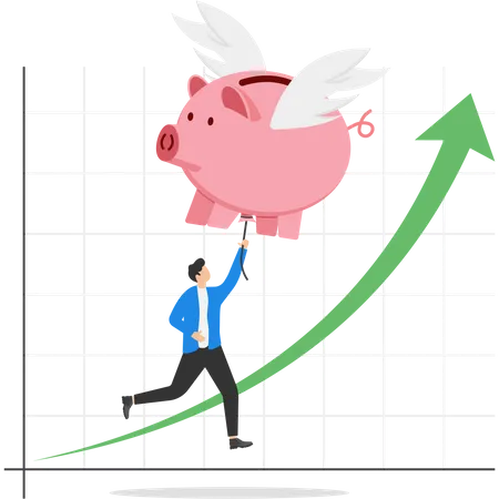 Flying pink piggy bank floats higher  Illustration