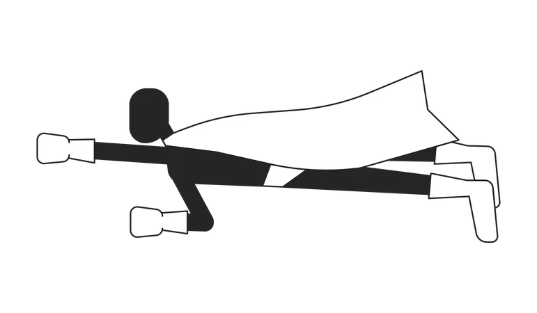 Flying Superhero Flat Monochrome Isolated Vector Object Empowered Person In Suit And Cape Editable Black And White Line Art Drawing Simple Outline Spot Illustration For Web Graphic Design 일러스트레이션