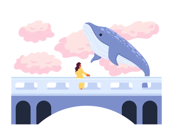 Flying Whale Above Bridge With Woman 2 D Illustration Concept Fairy Tale Fantasy Animal Isolated Cartoon Character White Background Humpback Whale In Clouds Sky Metaphor Abstract Flat Vector Graphic Illustration