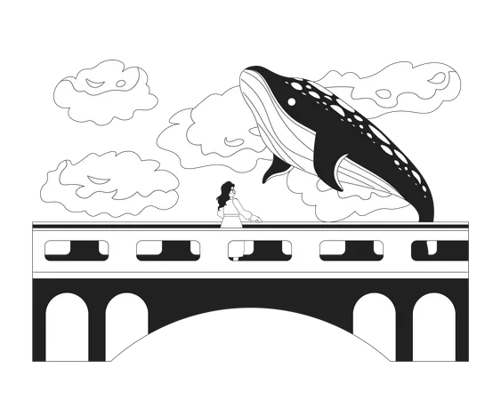 Flying Whale Above Bridge With Woman Black And White 2 D Illustration Concept Fairy Tale Fantasy Animal Isolated Cartoon Outline Character Humpback Whale In Clouds Sky Metaphor Monochrome Vector Art Illustration