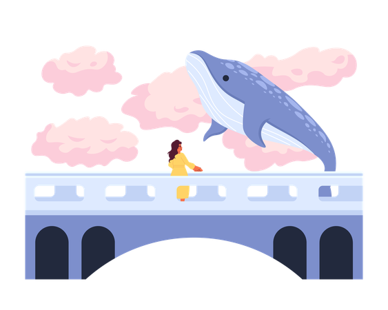 Flying whale above bridge with woman  Illustration