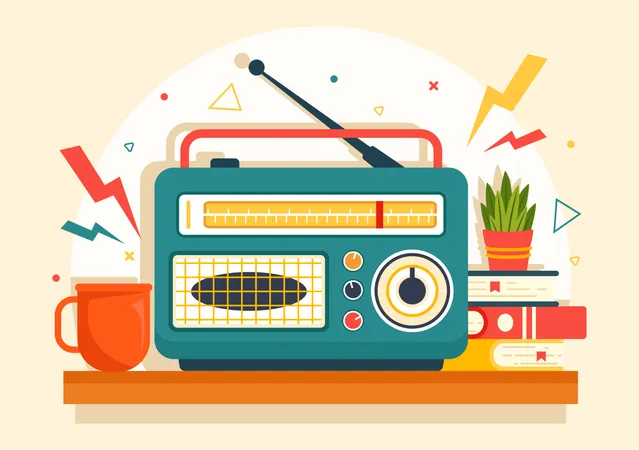 Retro Radio Vector Illustration With Player Style For Record Old Receiver Interviews Celebrity And Listening To Music In Flat Cartoon Background イラスト