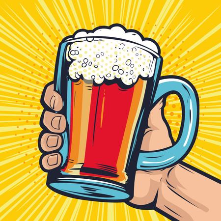 Foamy glass mug of beer in hand  Illustration