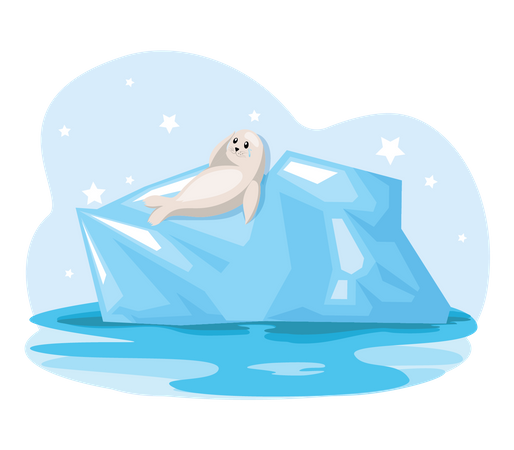 Foca marina sentada sobre un glaciar que se derrite  Ilustración