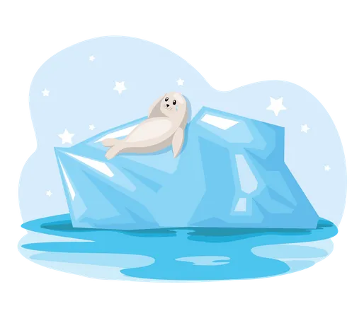 Foca marina sentada sobre un glaciar que se derrite  Ilustración