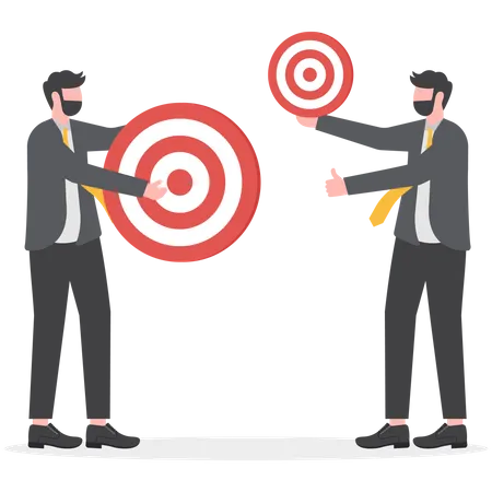 Focus On Business Target Setting Goal For Motivation Two Business People Holding Archer Target Or Dashboard Pointing At Bullseye Objective Attainment Illustration