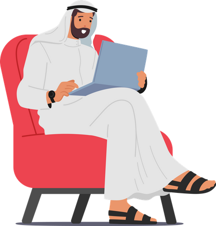 Focused Arab Muslim Businessman Character Engrossed In Laptop Work, Displaying Determination And Dedication  Illustration