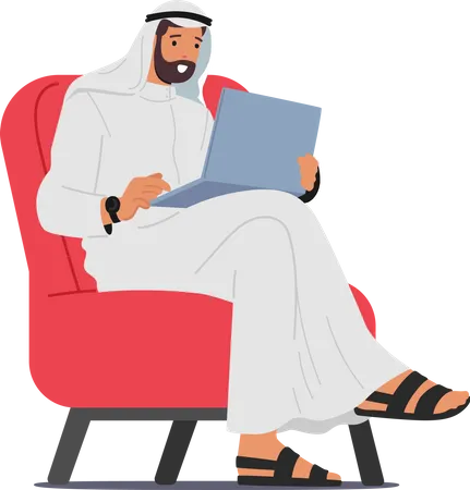 Focused Arab Muslim Businessman Character Engrossed In Laptop Work, Displaying Determination And Dedication  Illustration