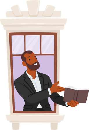 Focused businessman stands by a window  Illustration