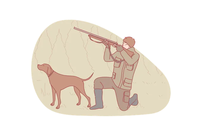 Hunter Hunting Dog Concept Young Concentrated Man Hunter Is Holding Air Gun And Aiming Upward Focused Careful Crouching Boy Owner With Dog Pet Setter Are Hunting Duck Simple Flat Vector Illustration