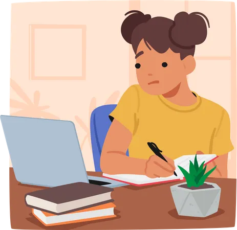 Focused Girl Character Diligently Completing Her Homework With Laptop Books And Papers Concentration Evident In Her Expression As She Works Towards Her Goals Cartoon People Vector Illustration Illustration