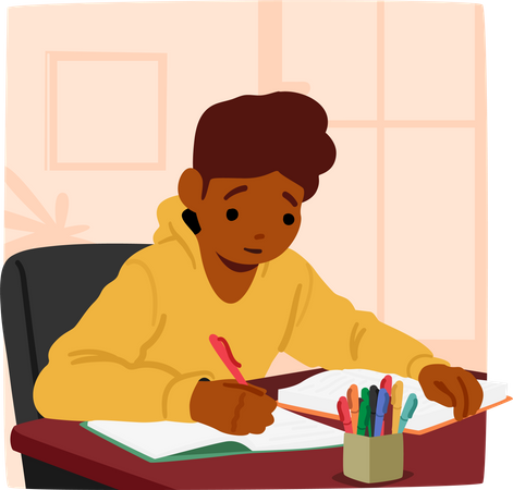 Focused Schoolboy Character Diligently Completing Homework At His Desk  Illustration