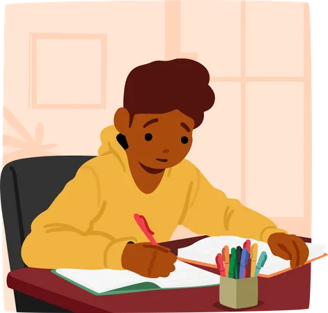 Focused Schoolboy Character Diligently Completing Homework At His Desk Surrounded By Textbooks And A Determined Expression Seeking Knowledge And Academic Success Cartoon People Vector Illustration Illustration