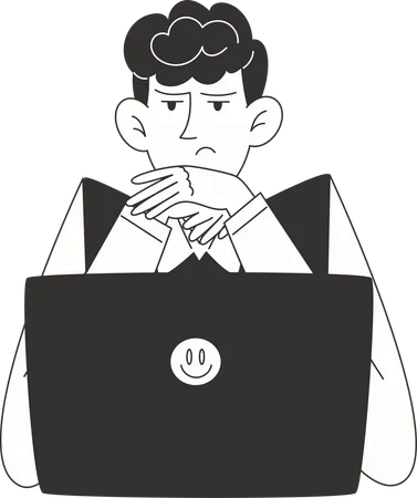 Focused schoolboy on task looking at laptop  Illustration