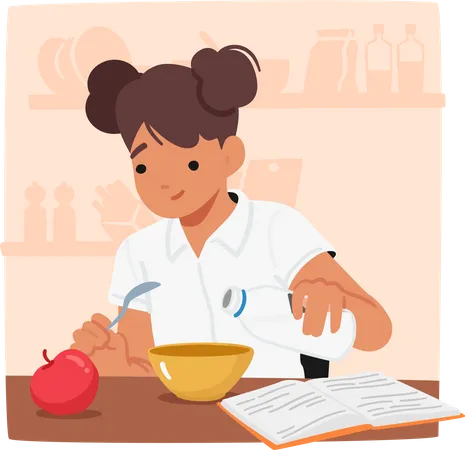 Focused Schoolgirl Character Engrossed In Reading While Eating Her Lunch Exemplifying Multitasking And Dedication To Both Education And Nourishment Cartoon People Vector Illustration Illustration