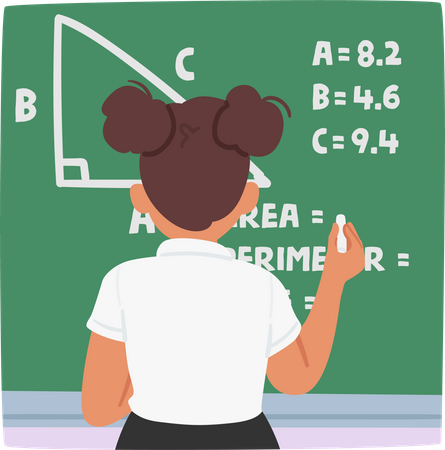 Focused Schoolgirl Confidently Solving A Task On The Blackboard  Illustration