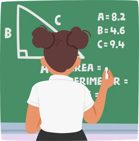Focused Schoolgirl Confidently Solving A Task On The Blackboard  Illustration