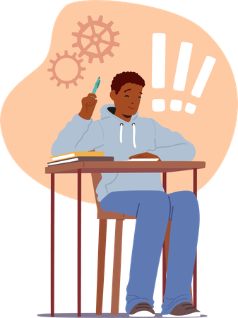 Focused Student Character Sits At A Wooden Desk  Illustration