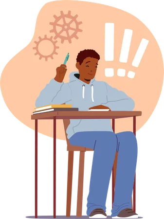 Focused Student Character Sits At A Wooden Desk Surrounded By Textbooks And Papers During An Exam The Atmosphere Is Tense As They Concentrate On Answering Questions Diligently Vector Illustration Illustration