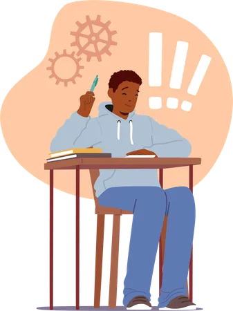 Focused Student Character Sits At A Wooden Desk  Illustration