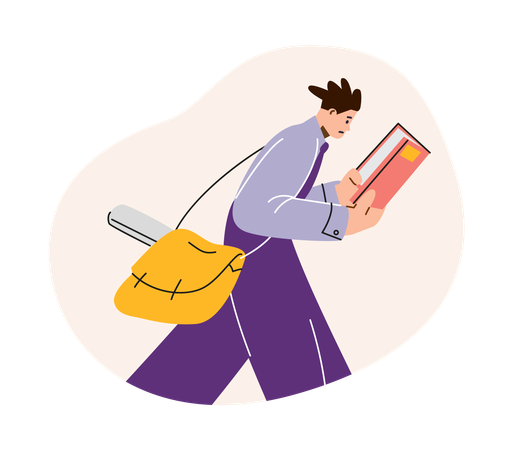 Focused student walking and reading book  Illustration