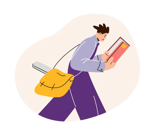 Focused student walking and reading book  Illustration