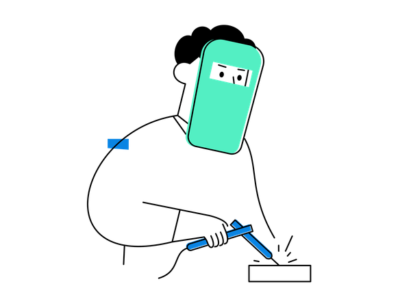 Focused welder at work uses protective mask and gloves while welding metal,  Illustration