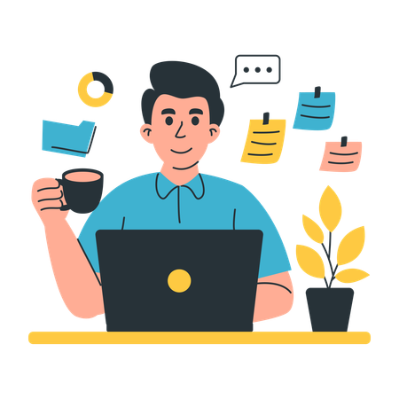 Focused Young Man Working On Laptop With Coffee Cup  Illustration
