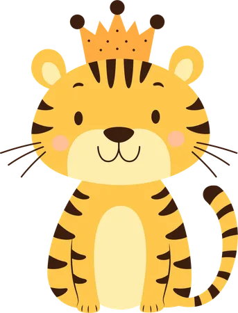 Lindo e adorável personagem animal tigre bebê usando coroa de rei  Ilustração