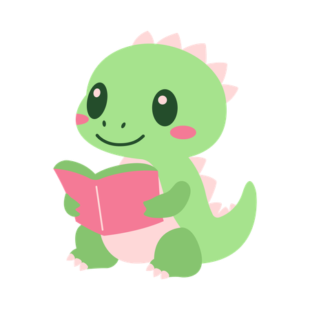 Lindo bebê verde dinossauro mascote animal lendo um livro  Ilustração