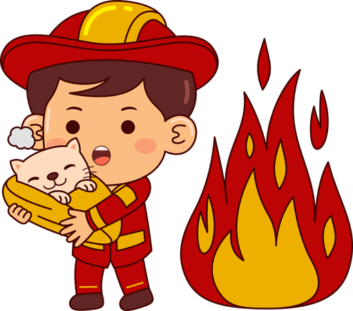 Menino bombeiro fofo resgata animal do fogo  Ilustração