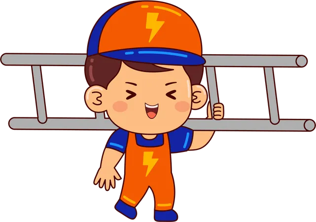 Menino eletricista fofo segurando a escada  Ilustração