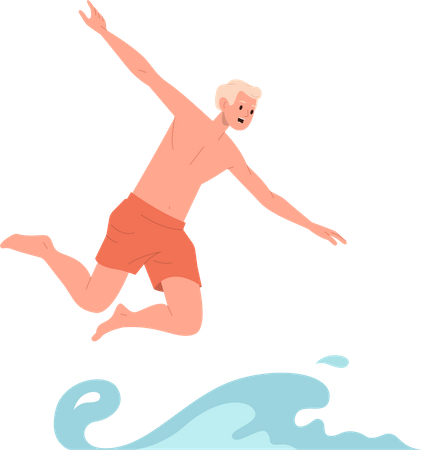 Desenho animado masculino adolescente bonito e feliz pulando na água  Ilustração