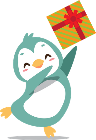 Pinguim fofo e feliz jogando presente de natal  Ilustração