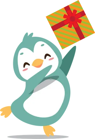 Pinguim fofo e feliz jogando presente de natal  Ilustração