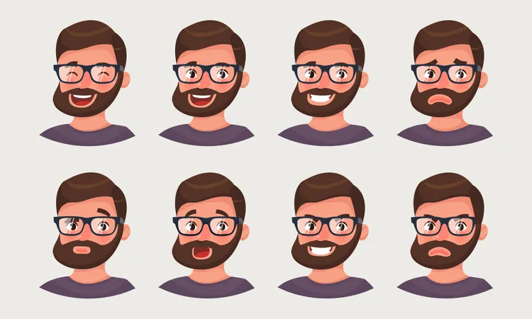 Empresario Bonito Hipster Mostrando Emocoes Diferentes Um Emoji Barbudo De Trabalhador De Escritorio Ilustracao Vetorial Em Estilo Cartoon Ilustração