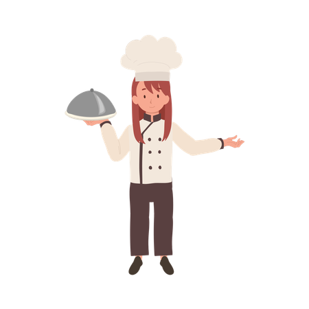 Jovem chef bonito em uniforme de chef servindo uma refeição gourmet com placa de boas-vindas  Ilustração