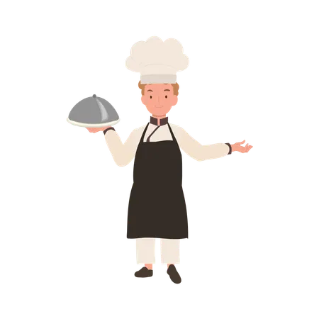 Jovem chef bonito em uniforme de chef servindo uma refeição gourmet com placa de boas-vindas  Ilustração