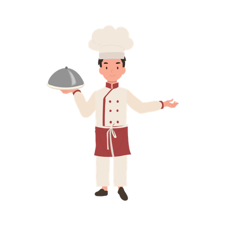 Jovem chef bonito em uniforme de chef servindo uma refeição gourmet com sinal de boas-vindas  Ilustração