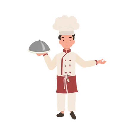 Jovem chef bonito em uniforme de chef servindo uma refeição gourmet com sinal de boas-vindas  Ilustração