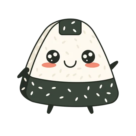 Onigiri fofo embrulhado em alga nori com expressão de sorriso  Ilustração